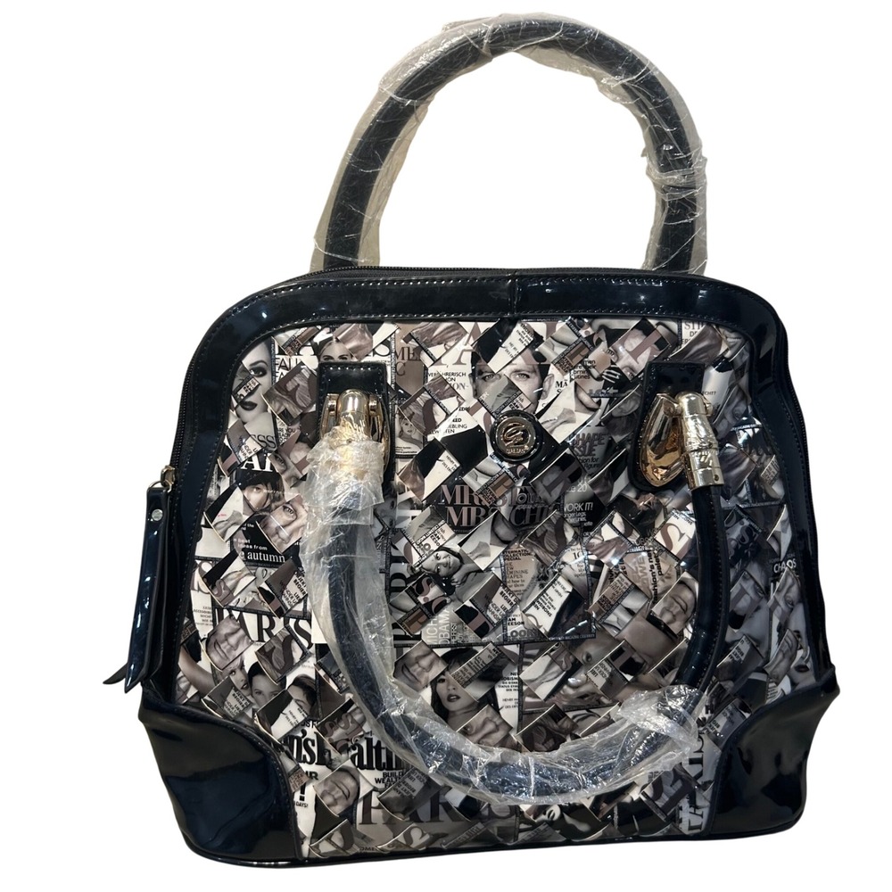 Galian Handbag Satchel Purse Magazine Collage Black Patent Leather Trim